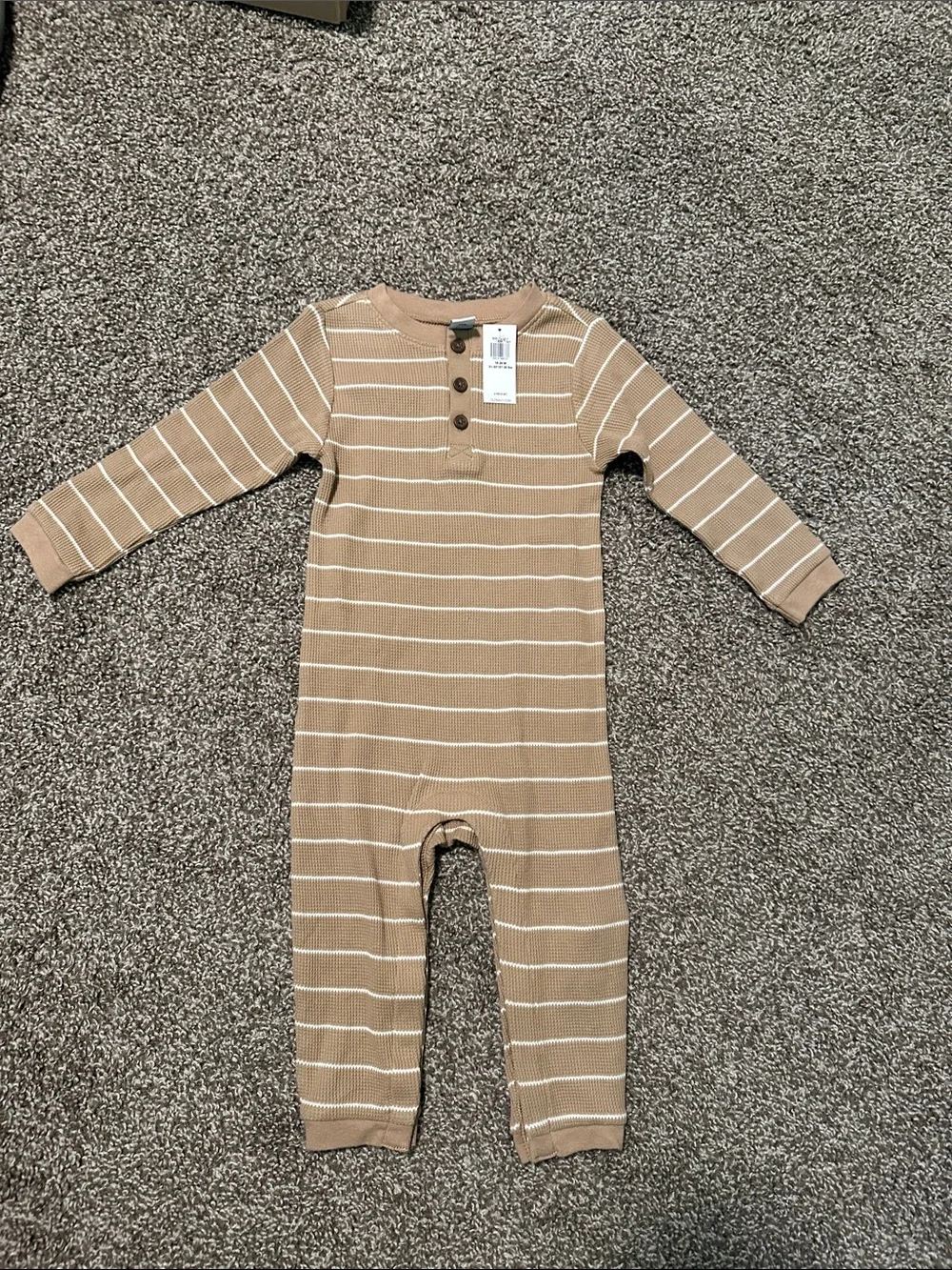Old Navy Tan and White Striped Ribbed Baby One-Piece with Button Placket
